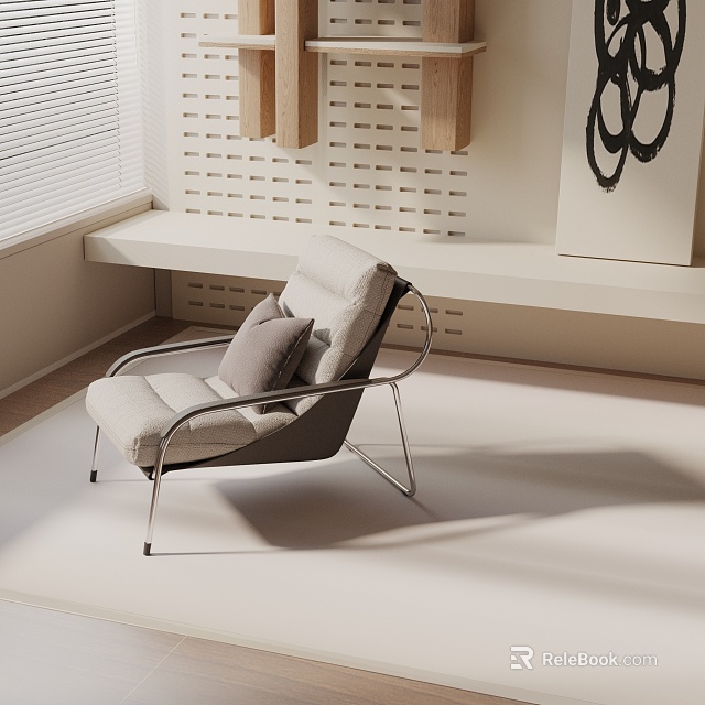 Modern Accent Chair with Metal Frame and Light Gray Cushion Near Window and Wall Panel 3d model 