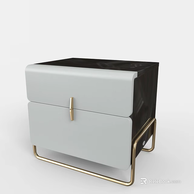 Modern Gray Leather Nightstand With Two Black Drawers And Gold Metal Frame 3d model 