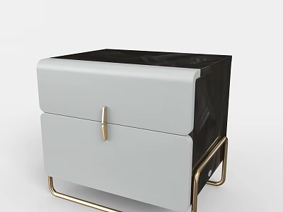 Modern Gray Leather Nightstand With Two Black Drawers And Gold Metal Frame 3d model