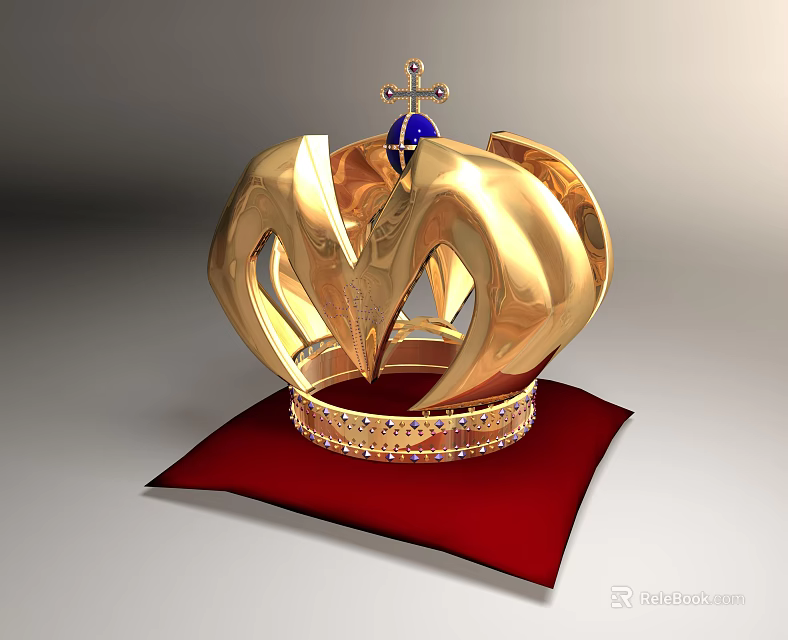 Golden Crown Jewelry with Blue Gemstone Cross on Red Cushion and Encrusted Gems at Base 3d model 