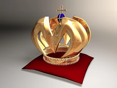 Golden Crown Jewelry with Blue Gemstone Cross on Red Cushion and Encrusted Gems at Base 3d model