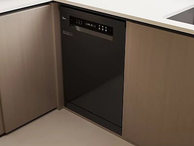 Modern Kitchen Interior With Black Dishwasher Wooden Cabinets And White Countertop 3d model