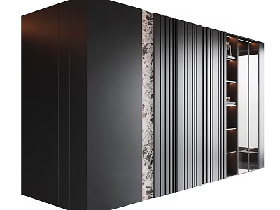 Modern Black Display Cabinet With Vertical Slats Glass Door And Open Shelves Design 3d model