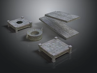 Detailed Scene Construction Components With Stone Platforms Slabs And Coiled Rope 3d model