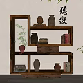 Rustic Wooden Shelf With Multi Tier Design And Decorative Vases Books