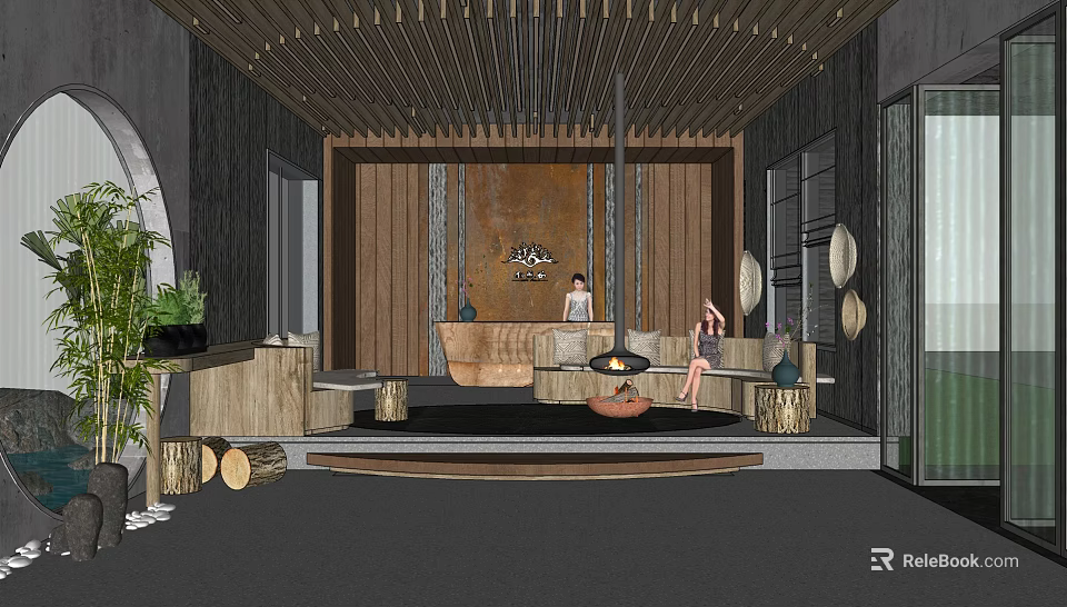 Warm Natural Hotel Lobby Interior With Wooden Ceiling Fireplace And Sofas 3d model