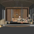 Warm Natural Hotel Lobby Interior With Wooden Ceiling Fireplace And Sofas 3d model