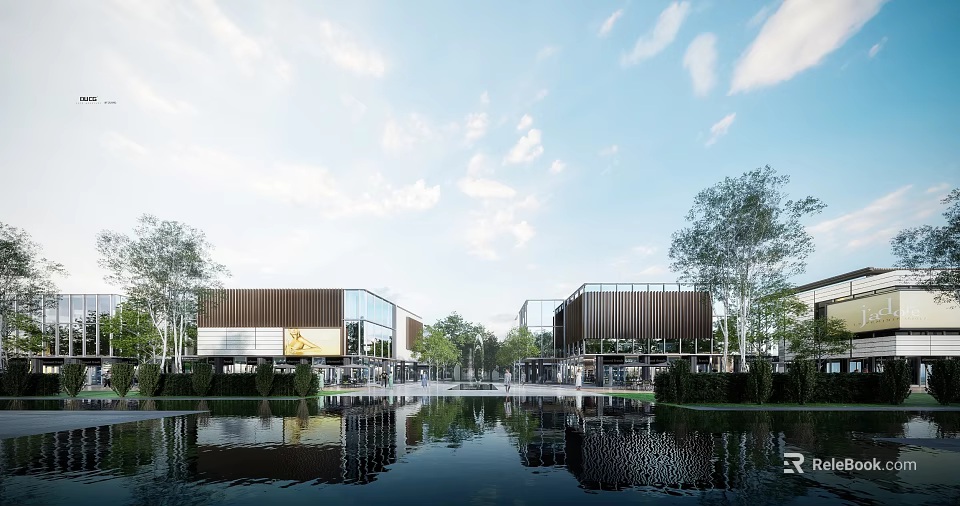 Modern Commercial Complex With Glass Facade Pond Reflection And Trees Landscaping 3d model 