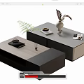 Modern Office Desk With Light Wood Dark Gray Black Surfaces Notebook Potted Plant And Magazine