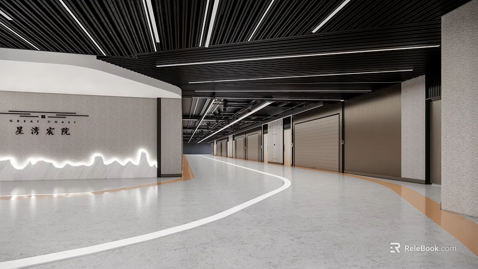 Modern Parking Garage Interior With Curved Driveway LED Lighting And Smooth Concrete Flooring 3d model 