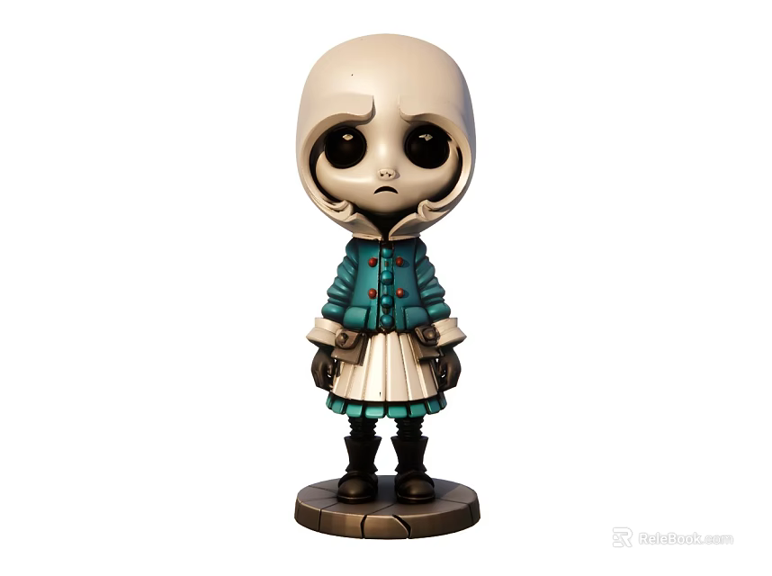Cute White Hooded Figurine With Large Eyes Teal Coat White Dress And Brown Base 3d model 