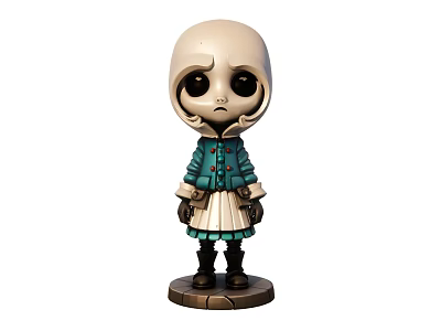 Cute White Hooded Figurine With Large Eyes Teal Coat White Dress And Brown Base 3d model