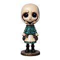 Cute White Hooded Figurine With Large Eyes Teal Coat White Dress And Brown Base