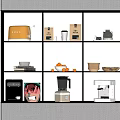 Stylish Kitchenware Display With Golden Toaster Coffee Cups Bowls Blender And Coffee Machine