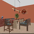 Traditional Chinese Interior Design With Red Lanterns Orange Walls Gray Sofa And Wooden Dining Table