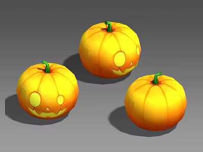 Three Carved Yellow Halloween Pumpkins With Smiley Faces And Green Stems 3d model