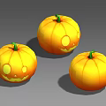 Three Carved Yellow Halloween Pumpkins With Smiley Faces And Green Stems