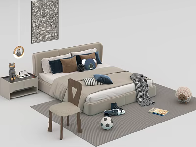 Modern Double Bed in Cozy Bedroom with Decorative Pillows Nightstand Chair and Soccer Ball 3d model