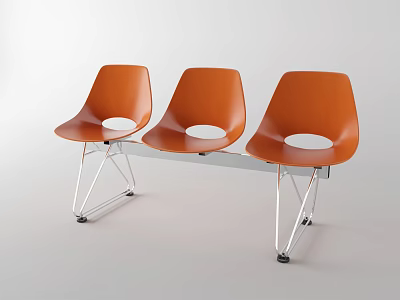 Three Modern Orange Public Chairs With Metal Legs And Circular Cutouts 3d model