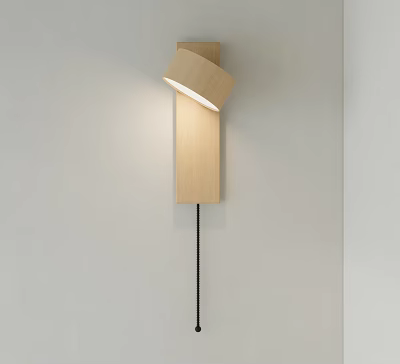 Wooden Wall Lamp With Curved Shade And Black Pull Cord For White Wall Soft Lighting 3d model
