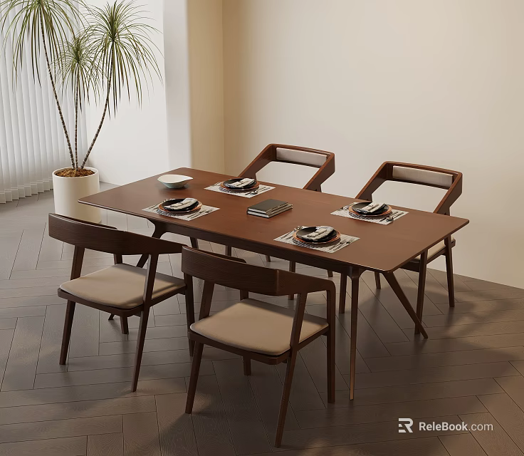 Wooden Dining Table With Four Beige Cushioned Chairs Plates Napkins And Potted Plant Near Window 3d model 