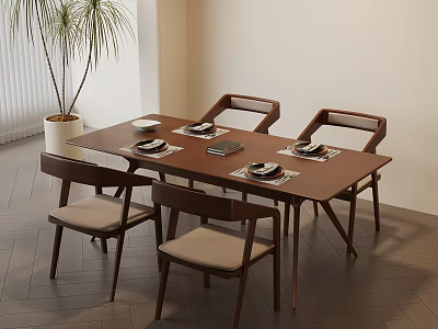 Wooden Dining Table With Four Beige Cushioned Chairs Plates Napkins And Potted Plant Near Window 3d model