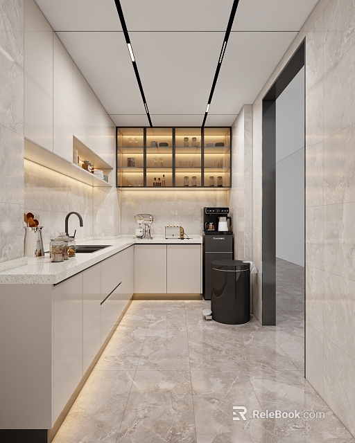 Modern Pantry Interior Design With White Cabinets Marble Countertop Coffee Machine And Light Strips 3d model 