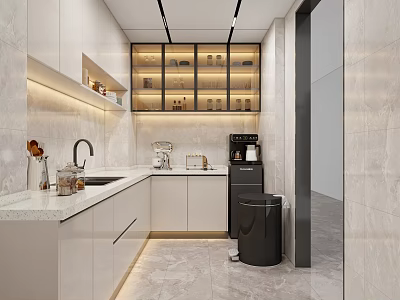 Modern Pantry Interior Design With White Cabinets Marble Countertop Coffee Machine And Light Strips 3d model
