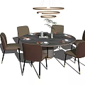Round Marble Top Dining Table Set With Six Upholstered Chairs And Pendant Light 3d model