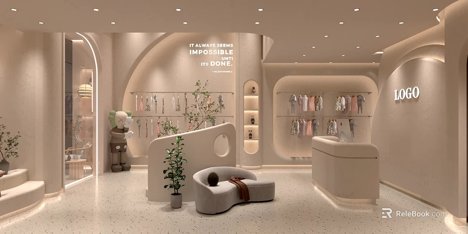 Modern Clothing Store Interior With Arched Walls Apparel Displays Sofa Green Plant And Decorative Doll 3d model 