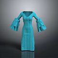 Blue Polka Dot Dress with Flared Long Sleeves Elegant Length Fashionable for Women Daily Wear