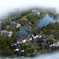 Traditional Chinese Architecture with White Walls Black Tiles Green Lawns and Trees in Rural Area