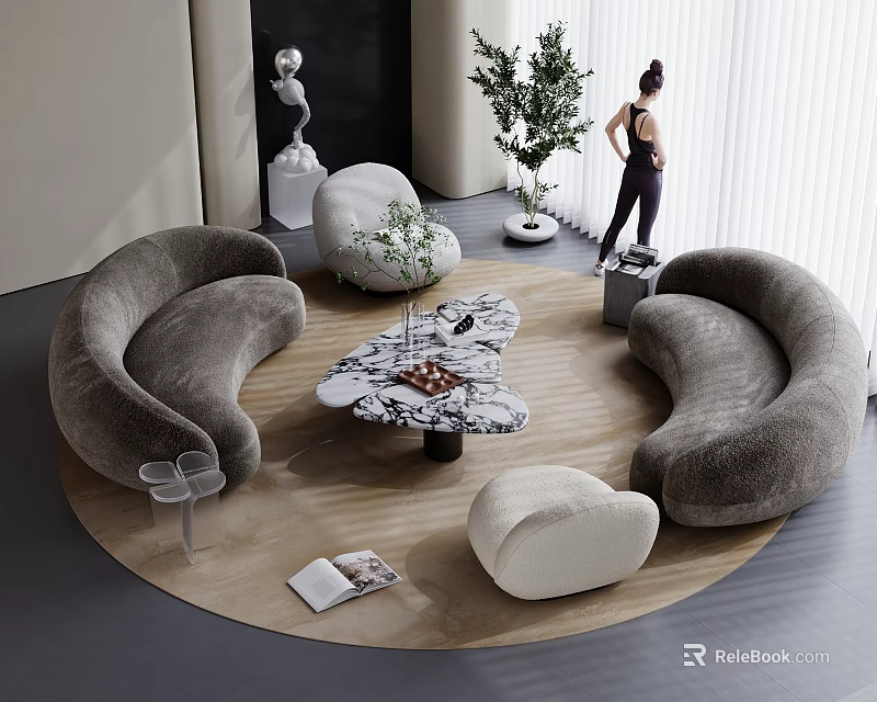 Modern Living Room With Gray Curved Sofa And Marble Coffee Table Combination 3d model 