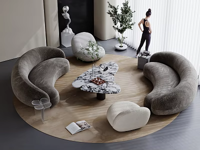 Modern Living Room With Gray Curved Sofa And Marble Coffee Table Combination 3d model
