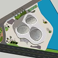 Modern Landmark Building With Unique Curved Roof Near Road Green Area Trees Mountains And Blue Sky
