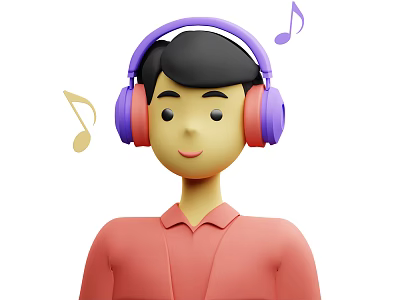 Man in Red Shirt Wearing Purple Headphones Listening to Music with Musical Notes 3d model