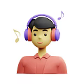 Man in Red Shirt Wearing Purple Headphones Listening to Music with Musical Notes