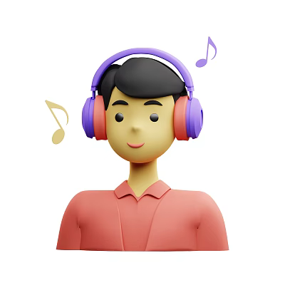 Man in Red Shirt Wearing Purple Headphones Listening to Music with Musical Notes 3d model