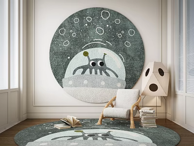 Round Rug With Cartoon Octopus Design Gray In Living Room With Chair And Floor Lamp 3d model
