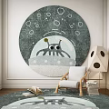 Round Rug With Cartoon Octopus Design Gray In Living Room With Chair And Floor Lamp
