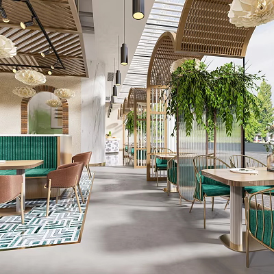 Modern Restaurant Interior With Hanging Plants Pendant Lights Green Banquettes And Geometric Floor Tiles 3d model