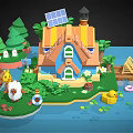Cartoon Scene With Blue House Solar Panel Roof Green Trees Bunny Rabbits And Yellow Duck