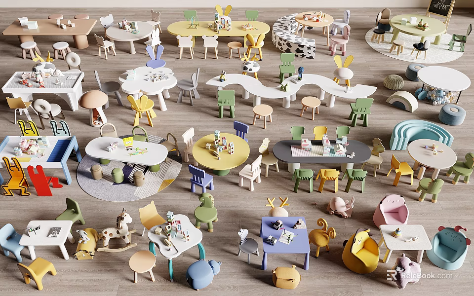 Kids Table Set With Various Colors Different Designs Chairs And Toys For Play Area 3d model 