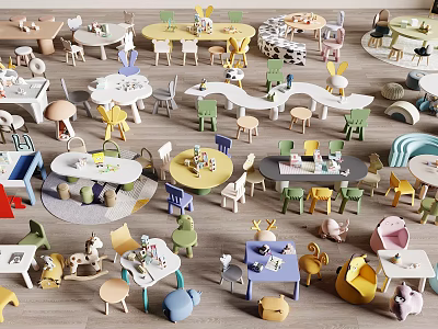 Kids Table Set With Various Colors Different Designs Chairs And Toys For Play Area 3d model