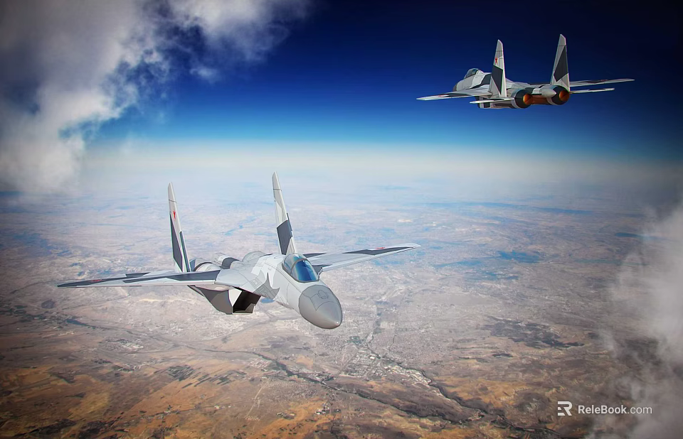 Two Military Fighter Jets Flying High In Blue Sky With Ground View Below 3d model 