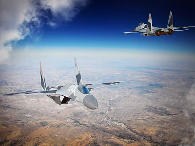Two Military Fighter Jets Flying High In Blue Sky With Ground View Below 3d model