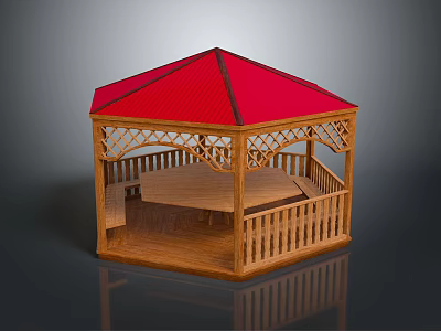 Wooden Gazebo With Red Roof And Hexagonal Design Railing And Platform 3d model