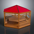 Wooden Gazebo With Red Roof And Hexagonal Design Railing And Platform