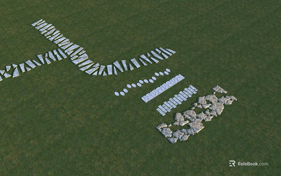 Natural Stepping Stones Path on Green Grass with Scattered Stones 3d model 