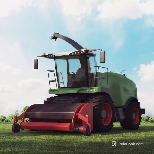 Industrial Agricultural Forage Harvester Green Body Red Cutting Mechanism Glass Cabin Large Tires 3d model 